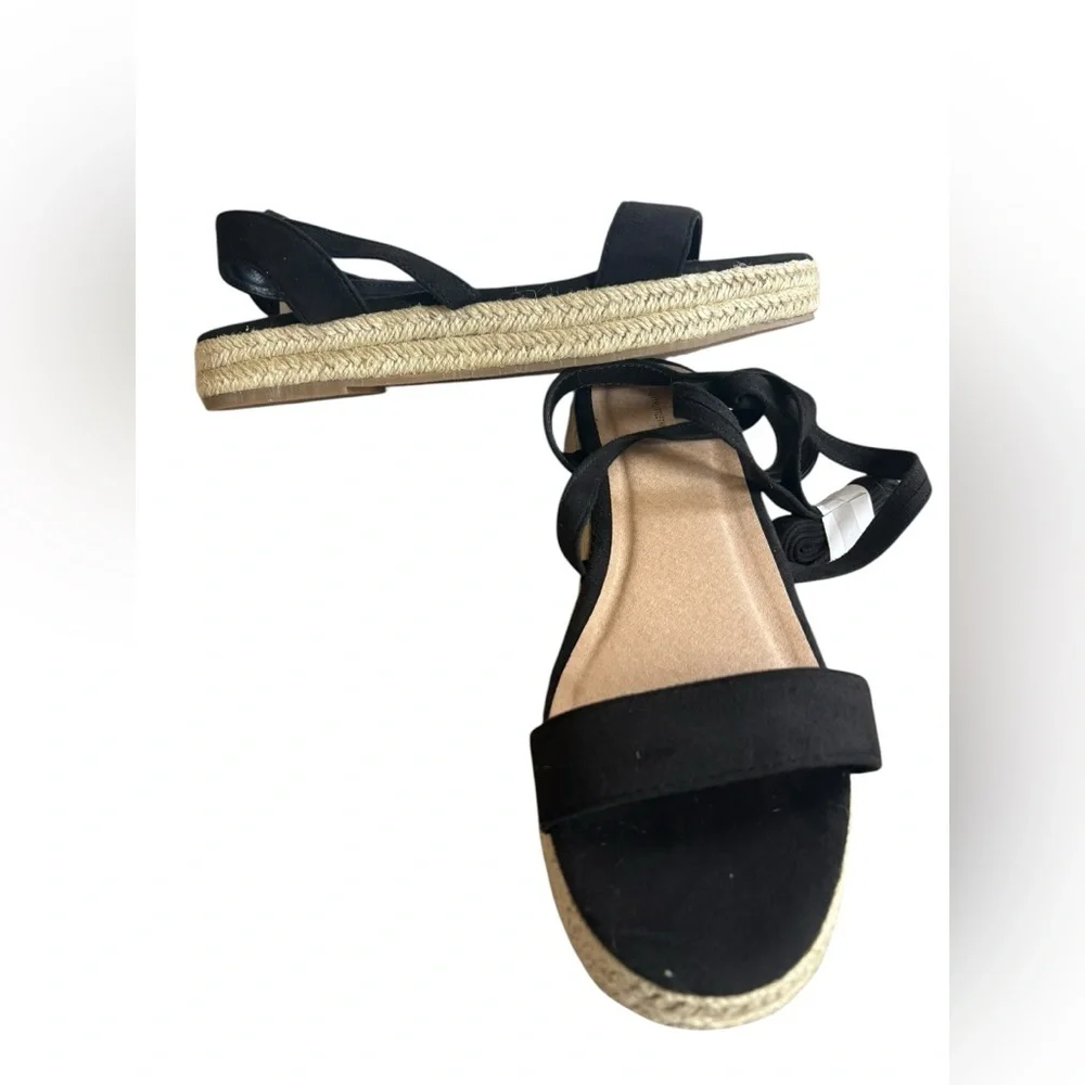 PrettyLittleThing Black Espadrille Platform Wrap Sandals with Tan Jute Sole